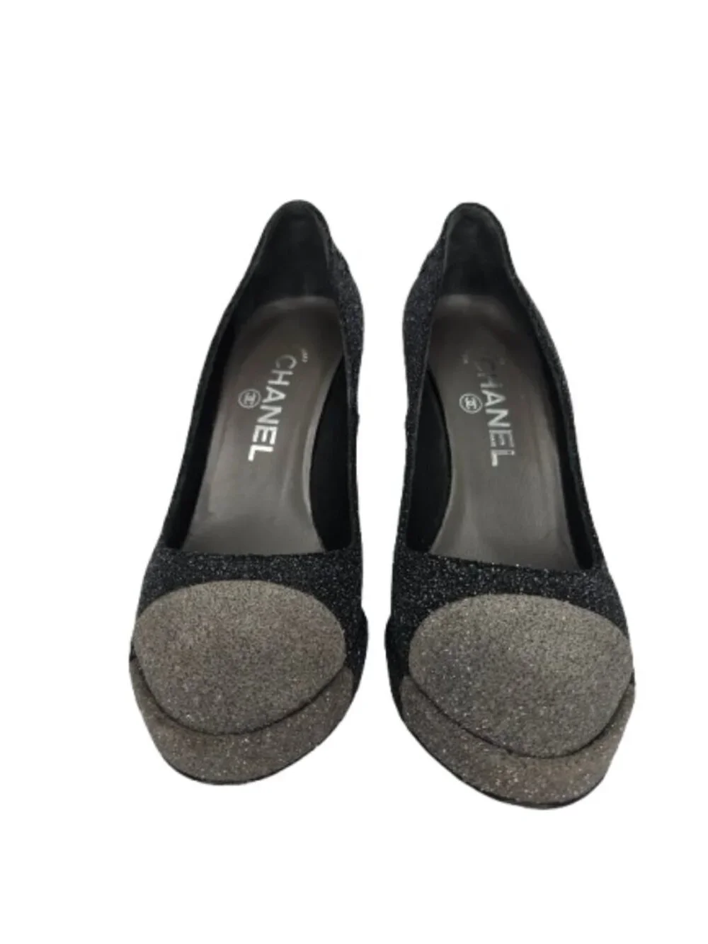 CHANEL Two Tone Glitter Cap Toe Platform Pumps Heels